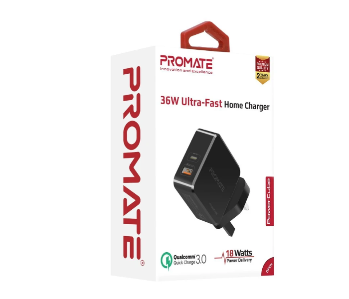 Promate POWERCUBE 36W USB Type-C PD Wall Charger with Qualcom Quick Charge - Black - Zoom Image 4