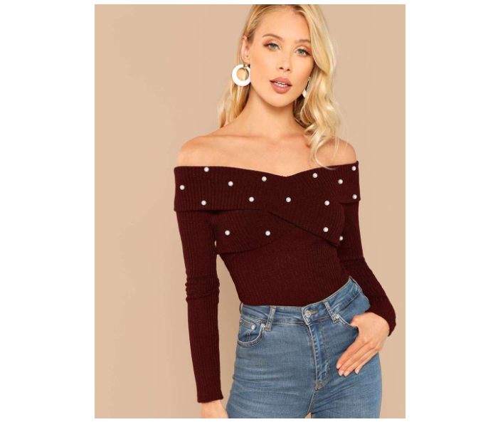 VW Trendz Cross Wrap Front Rib Knit Bardot Small Tee - Burgundy - Zoom Image