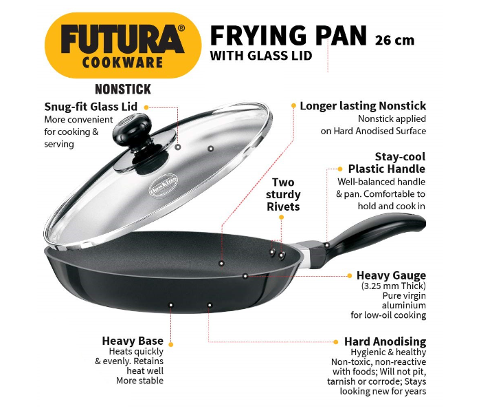 Hawkins Futura HW8003300 26cm Non Stick Frying Pan with Glass Lid - Black - Zoom Image 5