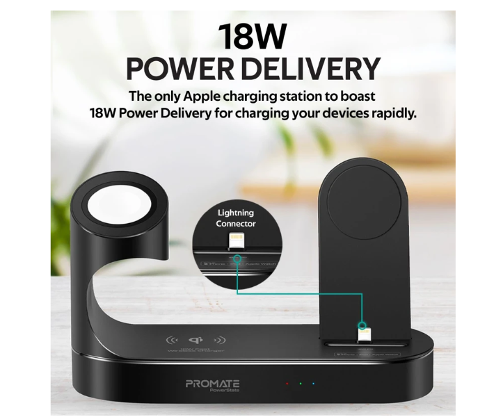 Promate POWERSTATE Apple MFI Charging Dock 18W Power Delivery 10W Wireless Charger for Smartphones and Airpods - Black - Zoom Image 3