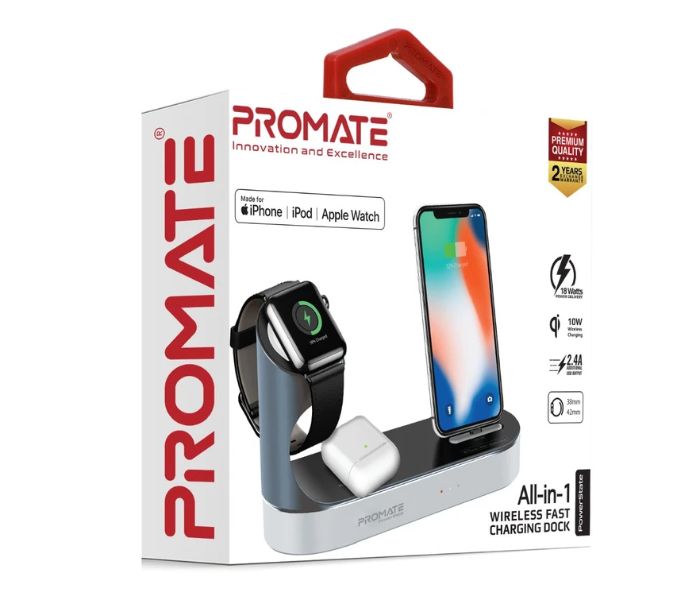 Promate POWERSTATE MFI Wireless Charging Station for Apple Watch and Iphone with Lightning Connector and USB-A Port - Grey - Zoom Image 5