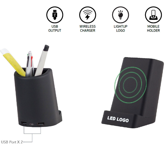 Generic 14G-2 Pen Pot With Light Up Logo And Wireless Charger - Black - Zoom Image 2