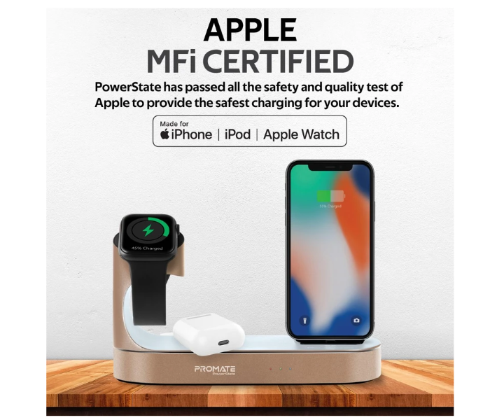 Promate POWERSTATE Apple MFI Charging Dock 18W Power Delivery 10W Wireless Charger for Smartphones and Airpods - Gold - Zoom Image 3