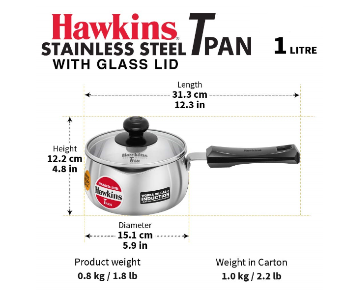 Hawkins Futura HW8005100 1 Litre Stainless Steel T Pan with Glass Lid - Silver - Zoom Image 3