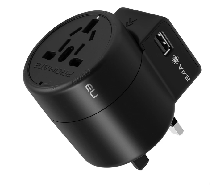 Promate TWIST Multi-Plug Twist Style Travel Adapter Dual USB Ports - Black - Zoom Image 1