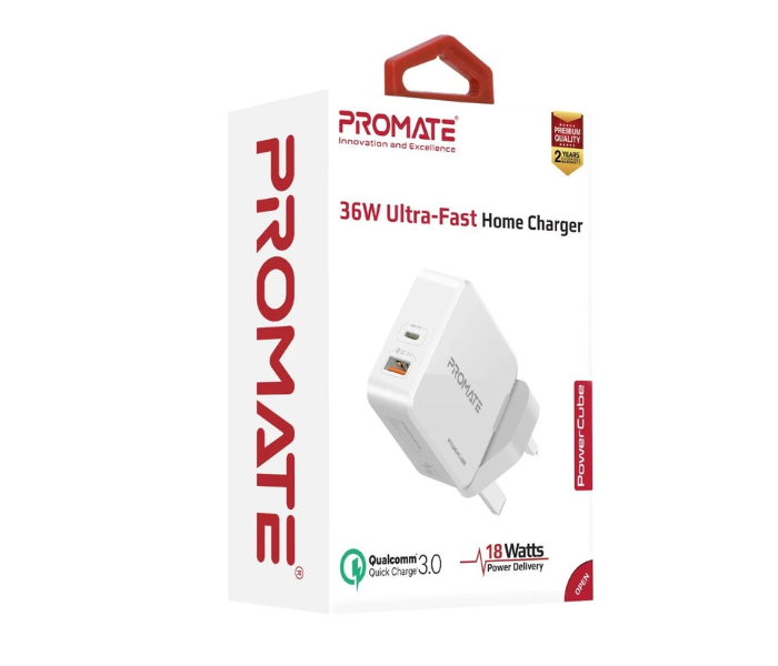 Promate POWERCUBE 36W USB Type-C PD Wall Charger with Qualcom Quick Charge - White - Zoom Image 4