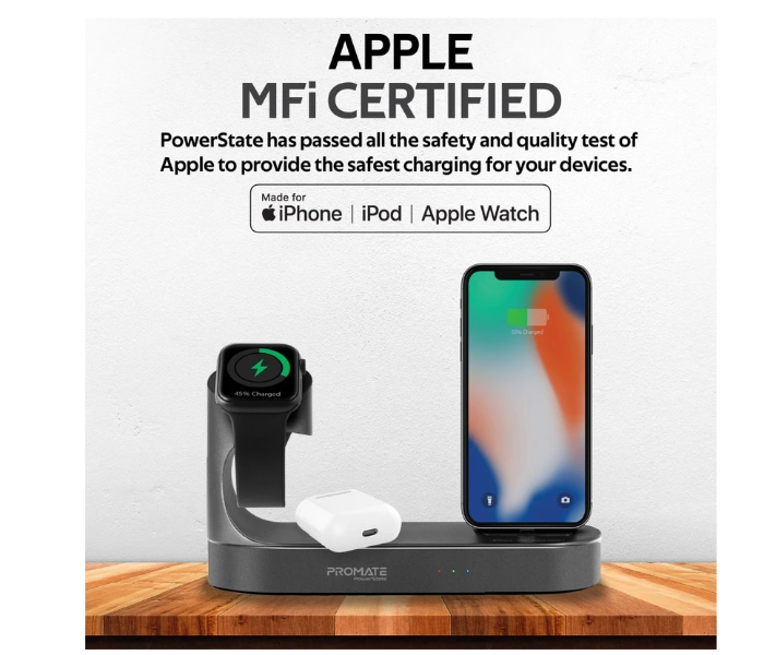 Promate POWERSTATE MFI Wireless Charging Station for Apple Watch and Iphone with Lightning Connector and USB-A Port - Grey - Zoom Image 2