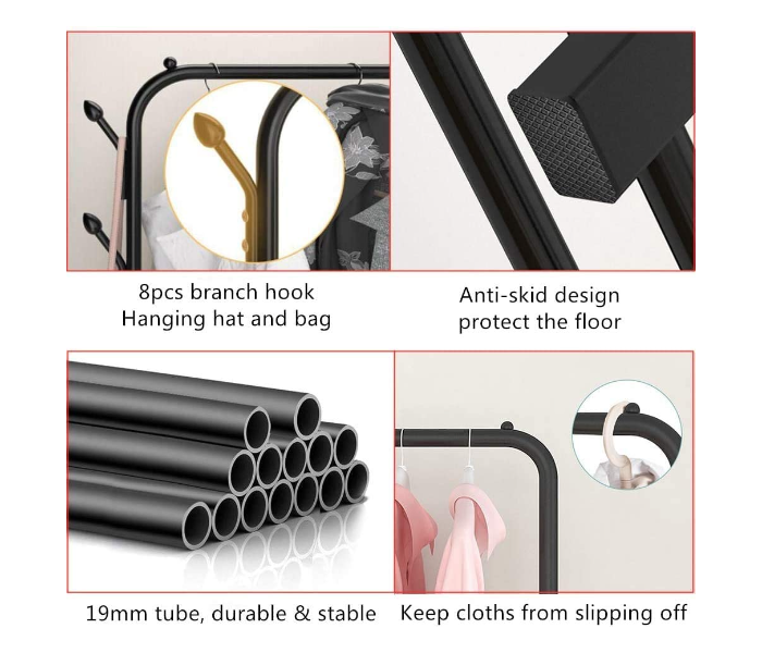 Cloth Rack Hanger Stand Clothes Dryer Rail With 8 Piece Branch Hook Bottom Storage Large Space For Shoes Umbrella Hats Scarf Handbag - Black - Zoom Image 6