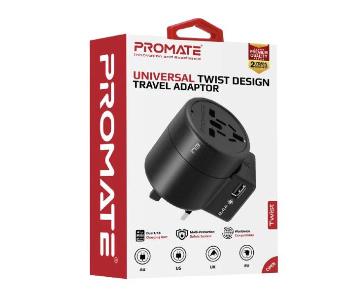 Promate TWIST Multi-Plug Twist Style Travel Adapter Dual USB Ports - Black - Zoom Image 5