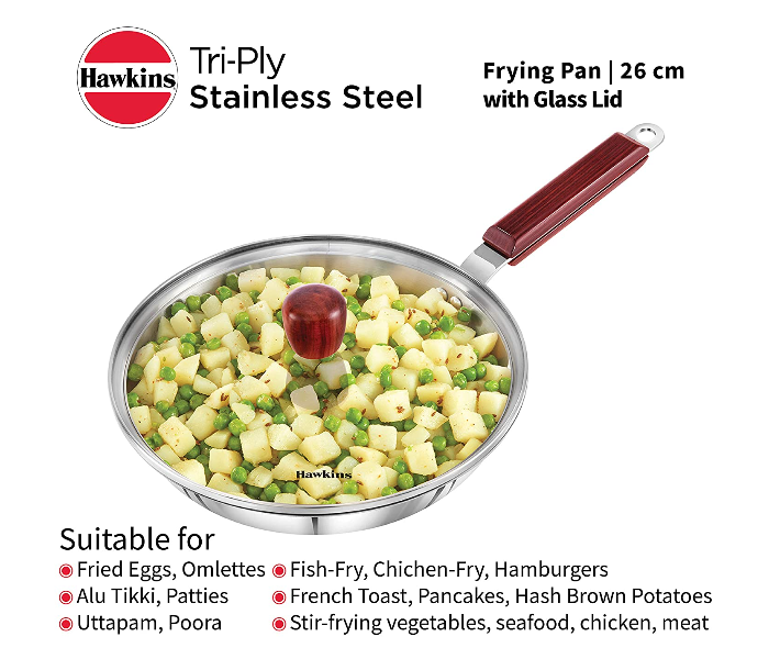 Hawkins Futura HW8006000 26cm Stainless Steel Tri Ply Frying Pan with Glass Lid - Silver - Zoom Image 6