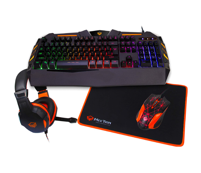 Meetion C500 4-In1 Colorful Backlit English Arabic Wired Keyboard Wired Mouse Headphone And Mouse Pad PC Gaming Kit - Black - Zoom Image 1