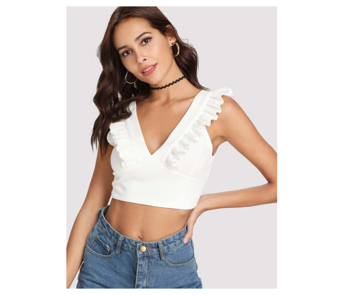 VW Trendz vest180326702 Small Double V Neck Ruffle Trim Crop Top for Women - White - Zoom Image