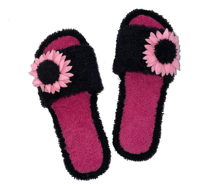 Casual LFO30 US 08 Flower Design Daily Wear Soft Flat Home Slippers for Women - Black - Zoom Image