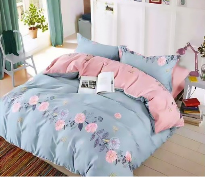 JA158-36 Cotton Double Size Bedsheet with Quilt Cover and Pillow Case 4 Pcs- Blue - Zoom Image