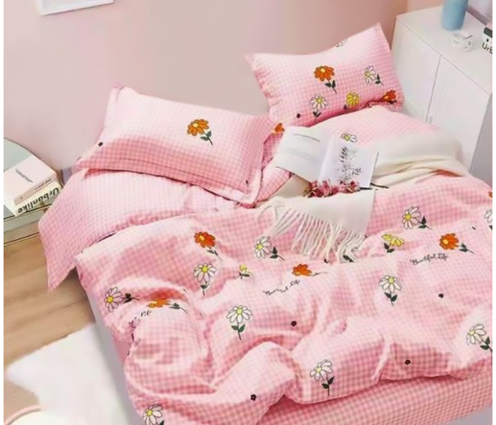 JA158-35 Cotton Double Size Bedsheet with Quilt Cover and Pillow Case 4 Pcs- Pink - Zoom Image