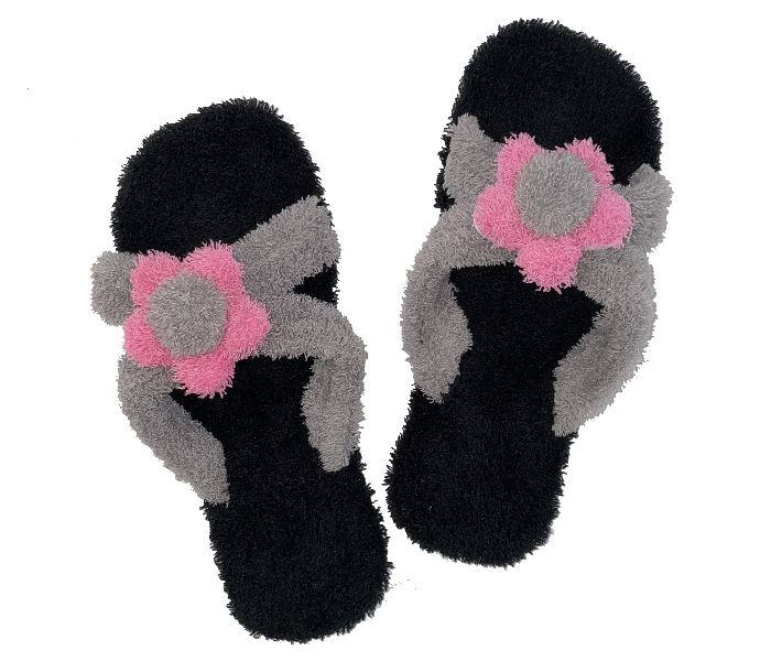 Casual LFO44 US 07 Flower Design Daily Wear Soft Flat Home Slippers for Women - Black - Zoom Image