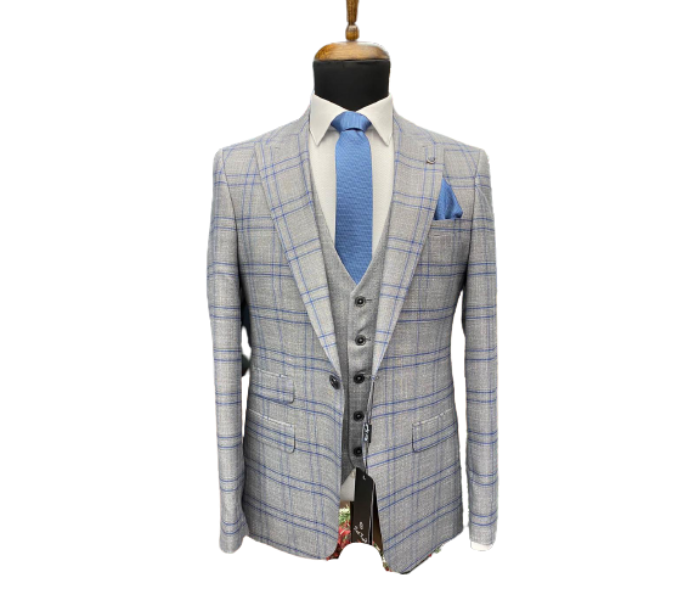 Fatih Zraiq Size 54 Trendy and Attractive Premium Quality 3 Pieces Suit for Men - Grey and Blue - Zoom Image