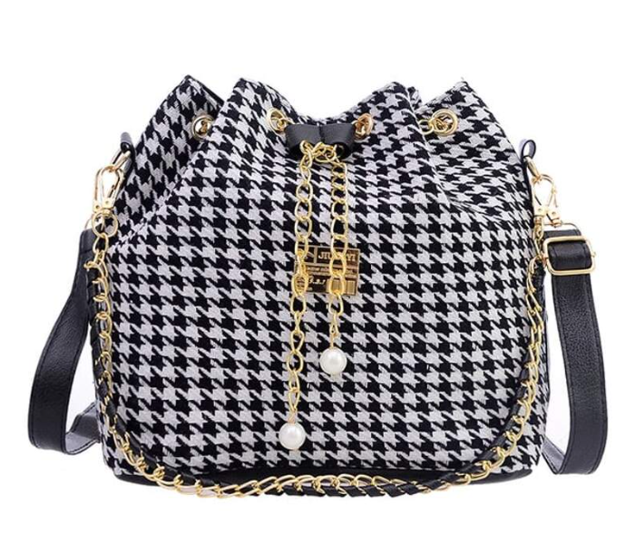 VW Trendz bag171022331 Medium Houndstooth Print Tassel Drawstring Bucket Bag - Black and White - Zoom Image