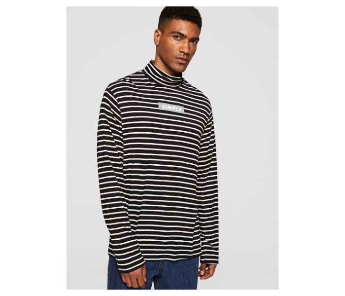 VW Trendz tee181112765 Medium Mock-Neck Letter Print Striped Tee for Men - Black and White - Zoom Image