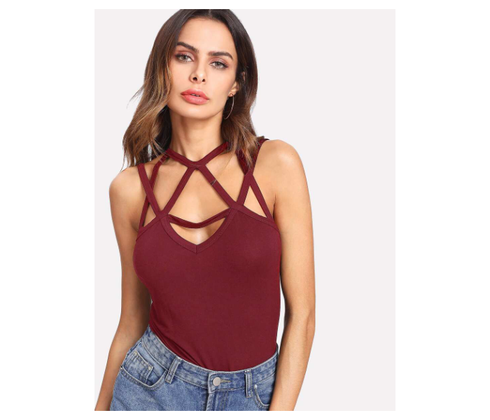 VW Trendz vest180309703 Medium Cage Neck Solid Fitted Top for Women - Burgundy - Zoom Image