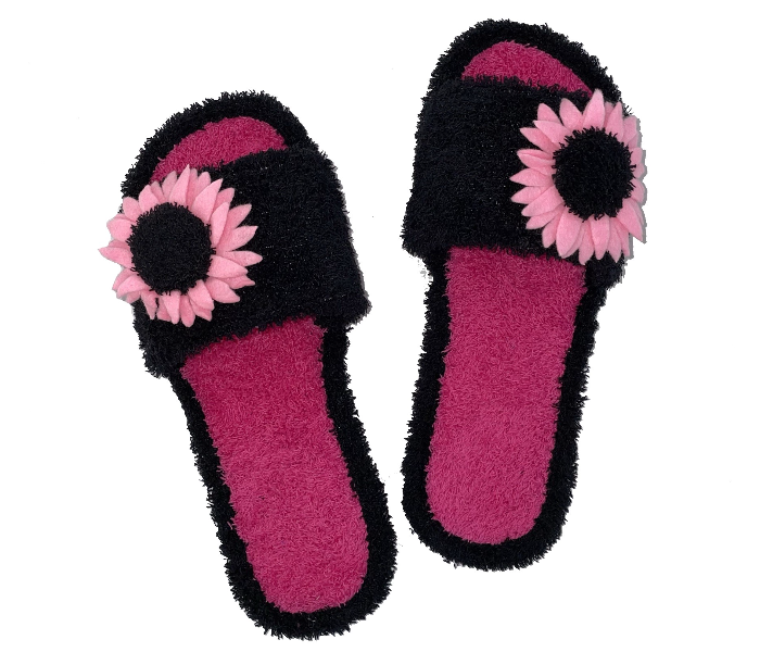 Casual LFO30 US 06 Flower Design Daily Wear Soft Flat Home Slippers for Women - Black - Zoom Image