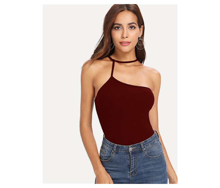 VW Trendz vest180607704 Medium Strap Halter Neck Ribbed Top for Women - Burgundy - Zoom Image