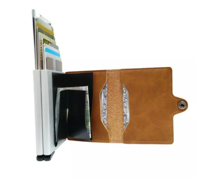 Double Aluminum RFID Leather Credit Card Holder Cum Small Card Case Wallet - Brown - Zoom Image 2