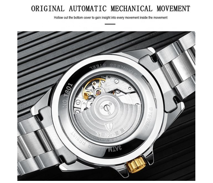 Tevise T801 New Luxury Stainless Steel Automatic Mechanical Mens Watch - Black and Gold - Zoom Image 2