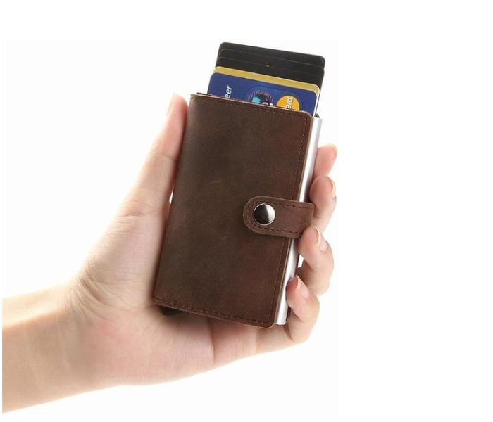 Leather RFID Aluminum Credit Card Holderd Cum Small Card Case Wallet - Coffee - Zoom Image 1