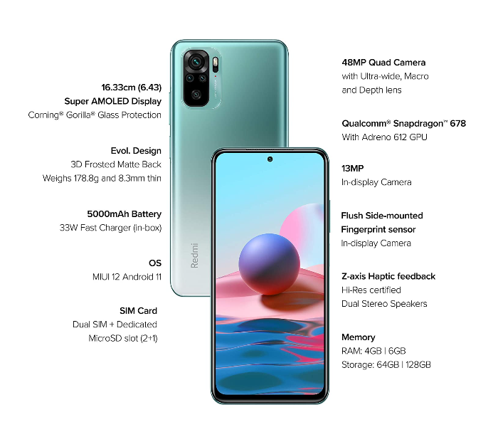 Redmi Note 10 6GB RAM 128GB Storage Amoled Dot Display Smartphone - Aqua Green - Zoom Image 4