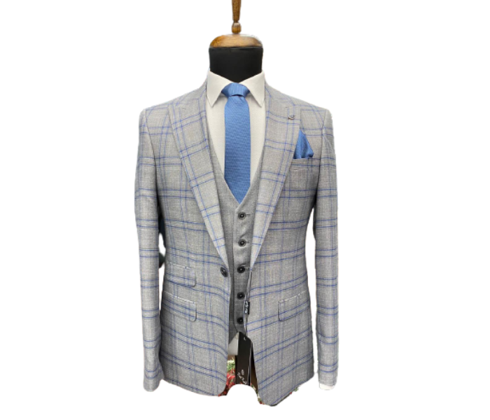 Fatih Zraiq Size 56 Trendy and Attractive Premium Quality 3 Pieces Suit for Men - Grey and Blue - Zoom Image