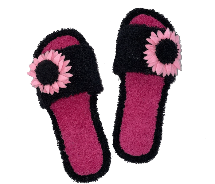 Casual LFO30 US 07 Flower Design Daily Wear Soft Flat Home Slippers for Women - Black - Zoom Image