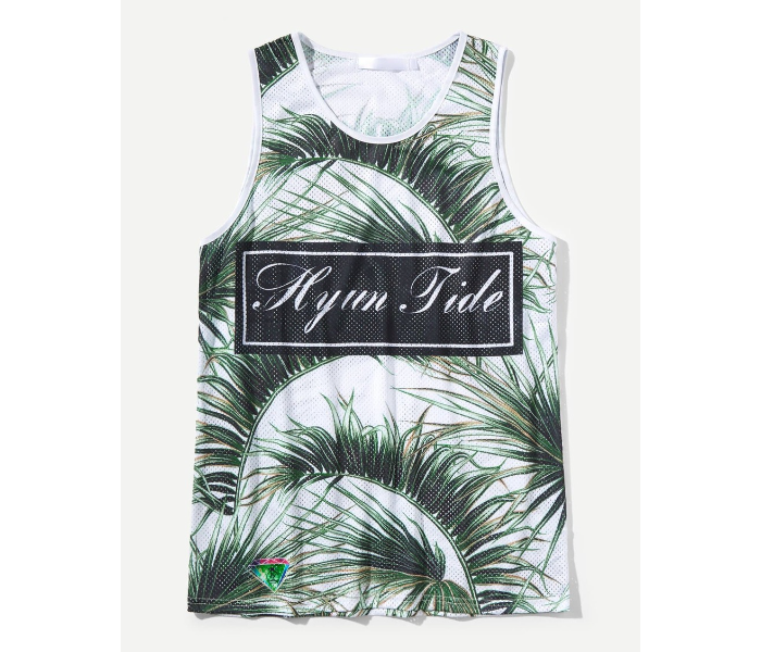 VW Trendz vest180517161 Medium Letter And Tropical Print Eyelet Sporty Vest for Men - White - Zoom Image