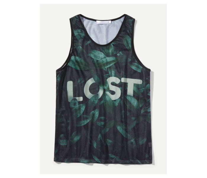 VW Trendz vest180517163 Large Letter And Tropical Print Eyelet Sporty Vest for Men - Dark Green - Zoom Image