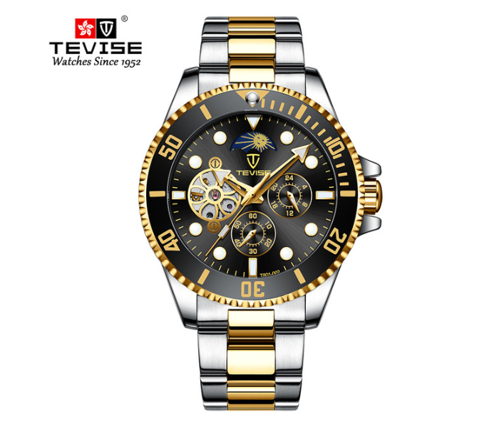 Tevise T801 New Luxury Stainless Steel Automatic Mechanical Mens Watch - Black and Gold - Zoom Image 1