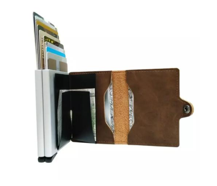 Double Aluminum RFID Leather Credit Card Holder Cum Small Card Case Wallet - Coffee - Zoom Image 2