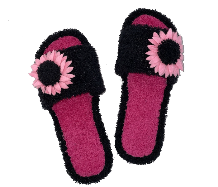 Casual LFO30 US 09 Flower Design Daily Wear Soft Flat Home Slippers for Women - Black - Zoom Image