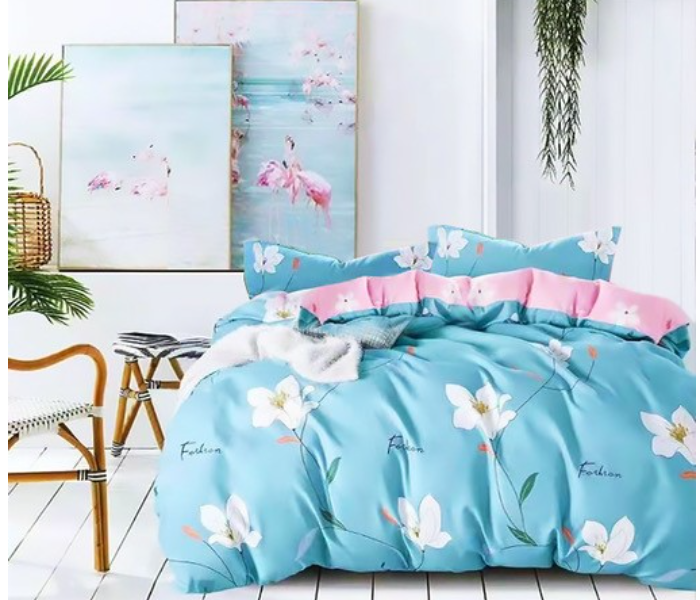 JA158-37 Cotton Double Size Bedsheet with Quilt Cover and Pillow Case 4 Pcs- Blue - Zoom Image