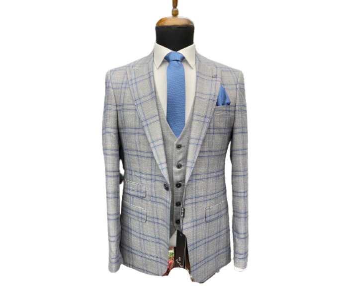 Fatih Zraiq Size 52 Trendy and Attractive Premium Quality 3 Pieces Suit for Men - Grey and Blue - Zoom Image