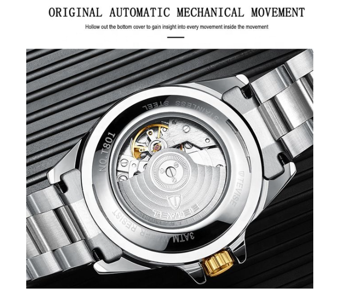 Tevise T801 New Luxury Stainless Steel Automatic Mechanical Mens Watch - Black and Silver - Zoom Image 2