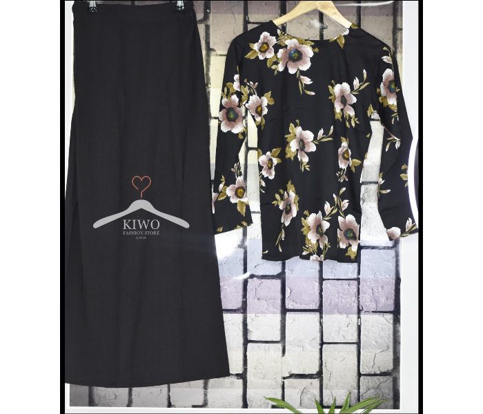 Kiwo Flower Design Top and Plain Skirt XL - Black - Zoom Image