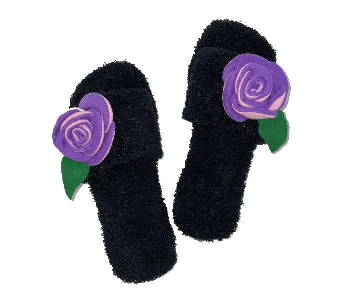 Casual LFO37 US 06 Flower Design Daily Wear Soft Flat Home Slippers for Women - Black - Zoom Image