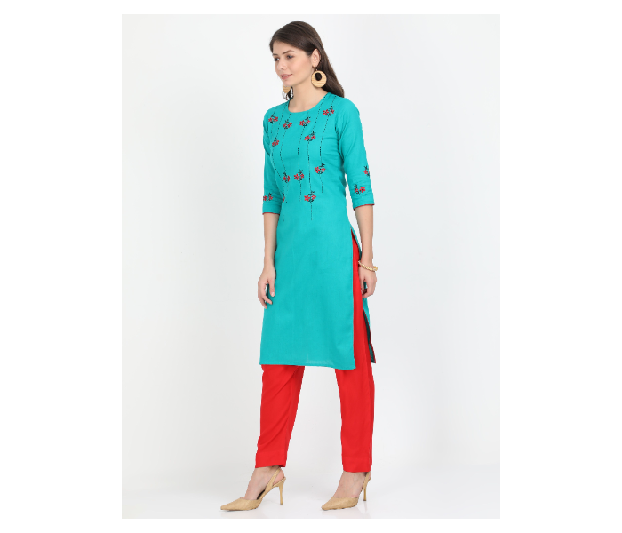 Kaia SK01LK0022SBL001 XL Blue Cotton Embroidered Top with Red Rayon Pant for Women - Zoom Image 2