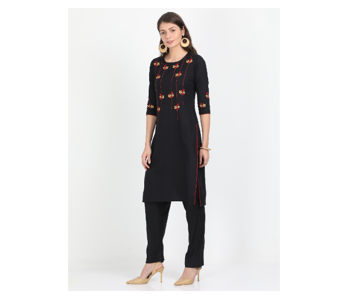 Kaia SK01LK0021BLK001 Large Black Cotton embroidered Kurta with Rayon Black Pant for Women - Zoom Image 2