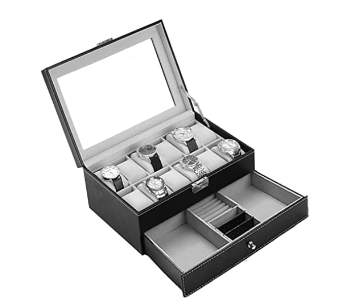 Double Layer 12 Slot Faux Leather Watch Jewelry Storage Box with Drawer Case - Black - Zoom Image 3