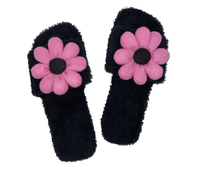 Casual LFO34 US 06 Flower Design Daily Wear Soft Flat Home Slippers for Women - Black - Zoom Image