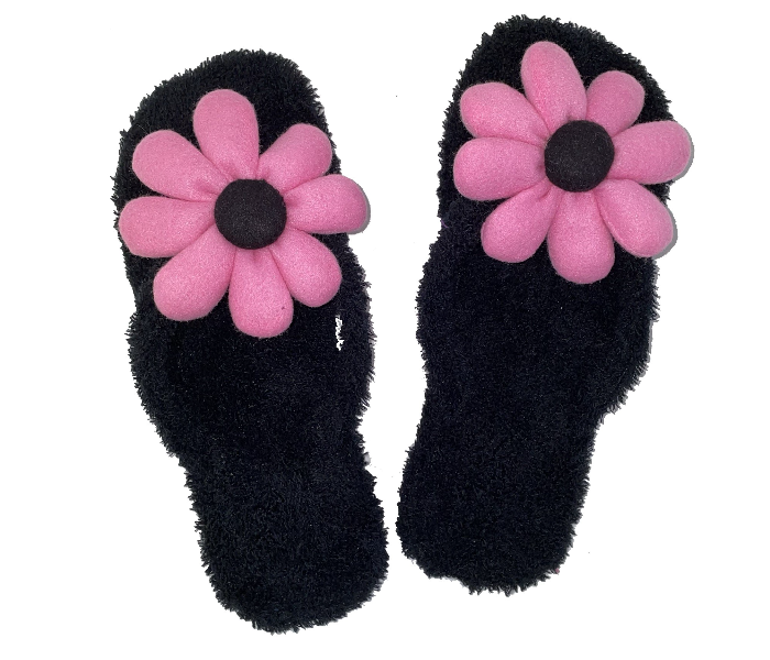 Casual LFV52 US 07 Flower Design Daily Wear Soft Flat Home Slippers for Women - Black - Zoom Image