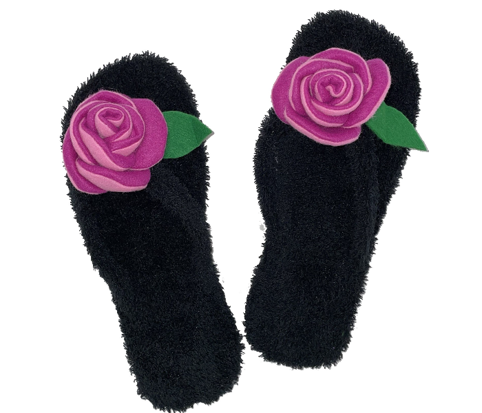 Casual LFV104 US 06 Flower Design Daily Wear Soft Flat Home Slippers for Women - Black and Pink - Zoom Image