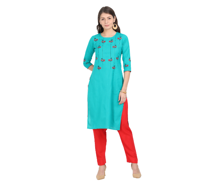 Kaia SK01LK0022SBL001 Small Blue Cotton Embroidered Top with Red Rayon Pant for Women - Zoom Image 1