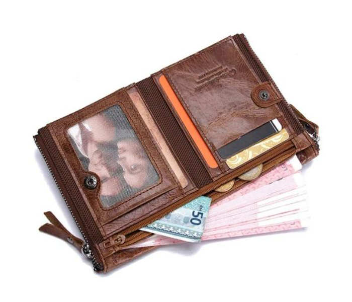 Contacts N0029 Vintage Crazy Horse Cowhide Genuine Leather Double Zipper Coin Purse -  Brown - Zoom Image 3